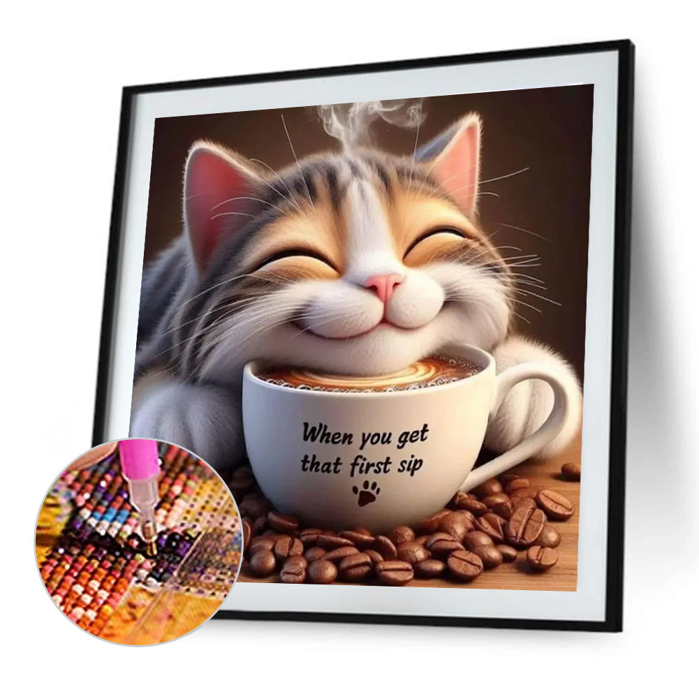 Cat And Coffee - Full Round Drill Diamond Painting 40*40CM