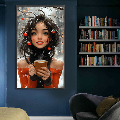 Girl Drinking Coffee In The Snow - Full AB Round Drill Diamond Painting 40*70CM