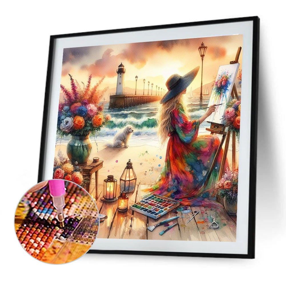 Girl Painting On The Seaside - Full Round Drill Diamond Painting 40*40CM