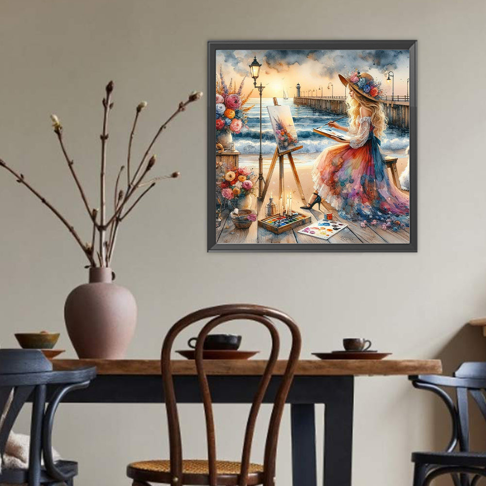 Girl Painting On The Seaside - Full Round Drill Diamond Painting 40*40CM