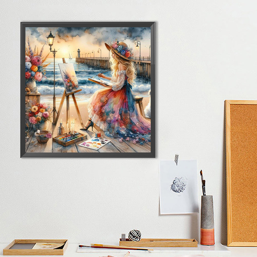 Girl Painting On The Seaside - Full Round Drill Diamond Painting 40*40CM