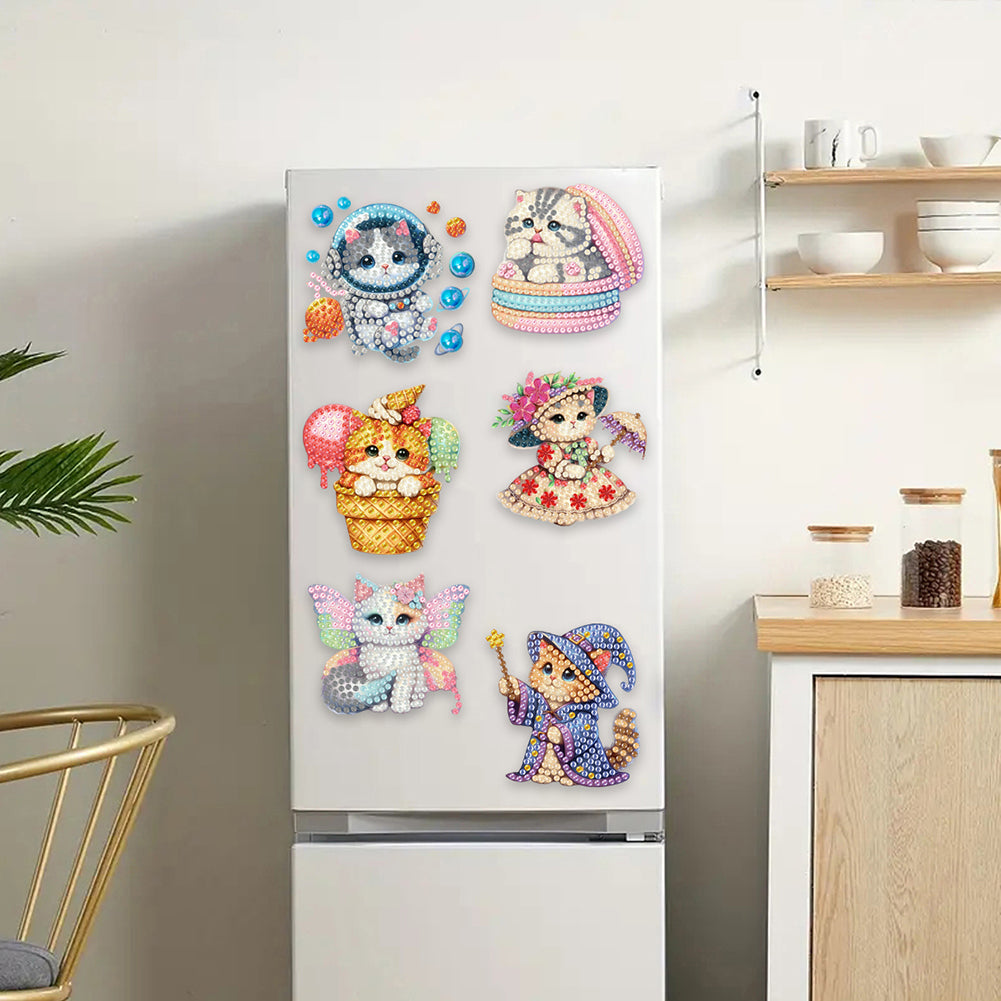 6Pcs Acrylic Cats Diamond Art Fridge Magnet Diamond Painting Refrigerator Magnet