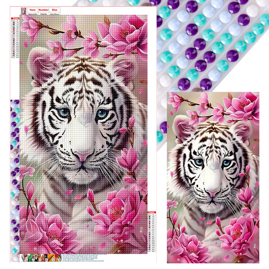 White Tiger And Flower - Full Round Drill Diamond Painting 40*70CM