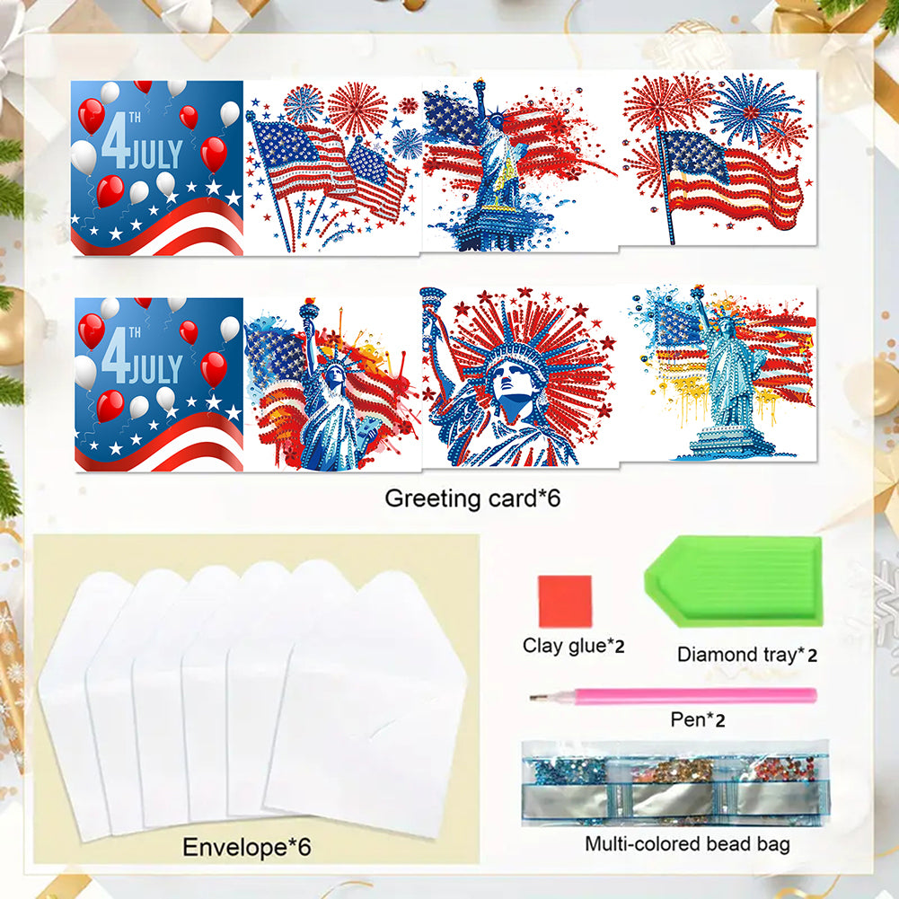 6Pcs Independence Day Diamond Painting Greeting Cards DIY Diamond Drawing Card