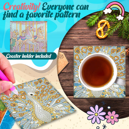 6Pcs Wooden Beautiful Pattern DIY Diamond Painting Coaster Art with Storage Rack