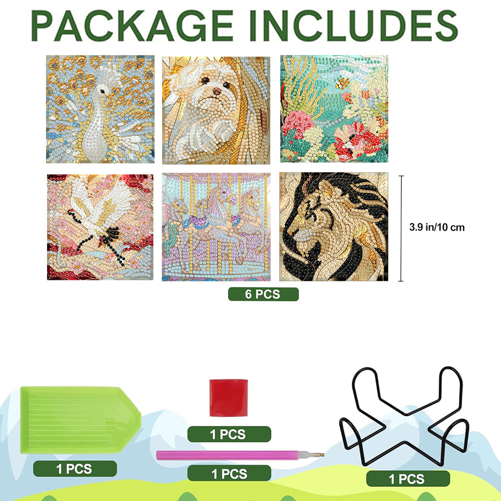 6Pcs Wooden Beautiful Pattern DIY Diamond Painting Coaster Art with Storage Rack