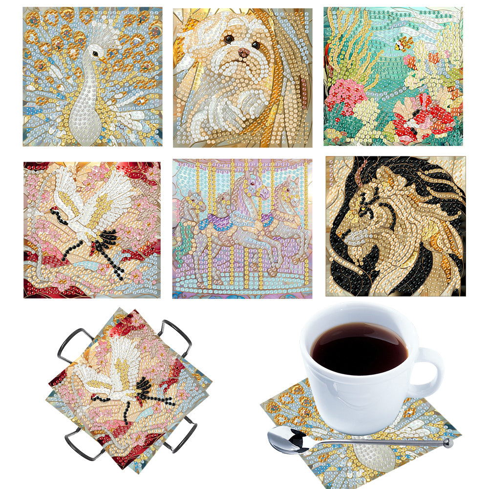 6Pcs Wooden Beautiful Pattern DIY Diamond Painting Coaster Art with Storage Rack