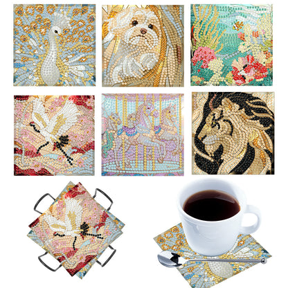 6Pcs Wooden Beautiful Pattern DIY Diamond Painting Coaster Art with Storage Rack