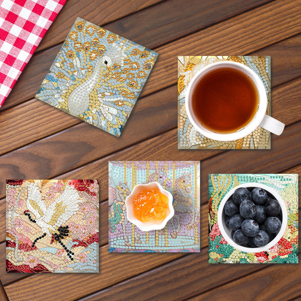 6Pcs Wooden Beautiful Pattern DIY Diamond Painting Coaster Art with Storage Rack