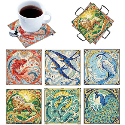6Pcs Wooden Beautiful Pattern DIY Diamond Painting Coaster Art with Storage Rack