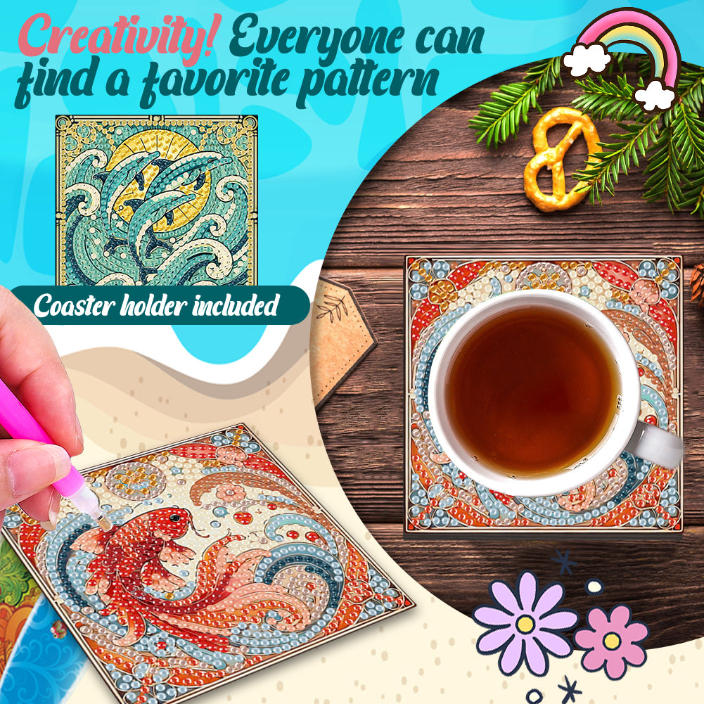 6Pcs Wooden Beautiful Pattern DIY Diamond Painting Coaster Art with Storage Rack