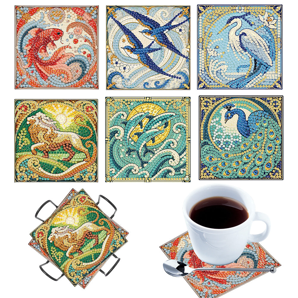 6Pcs Wooden Beautiful Pattern DIY Diamond Painting Coaster Art with Storage Rack