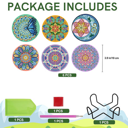 6Pcs Wooden Beautiful Pattern DIY Diamond Painting Coaster Art with Storage Rack
