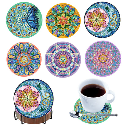 6Pcs Wooden Beautiful Pattern DIY Diamond Painting Coaster Art with Storage Rack