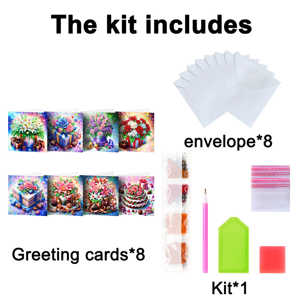 8Pcs Flower Envelope Rhinestone Painting Card Kit Diamond Painting Greeting Card