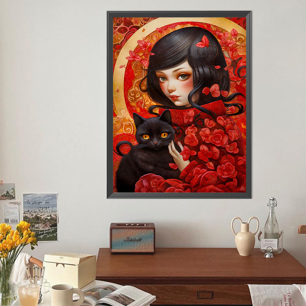 Girl And Cat - Full Round Drill Diamond Painting 40*50CM