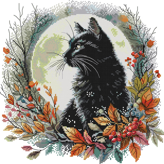 Autumn Night Black Cat - 14CT Stamped Cross Stitch 35*35CM(Joy Sunday)