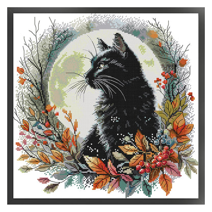 Autumn Night Black Cat - 14CT Stamped Cross Stitch 35*35CM(Joy Sunday)