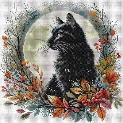 Autumn Night Black Cat - 14CT Stamped Cross Stitch 35*35CM(Joy Sunday)