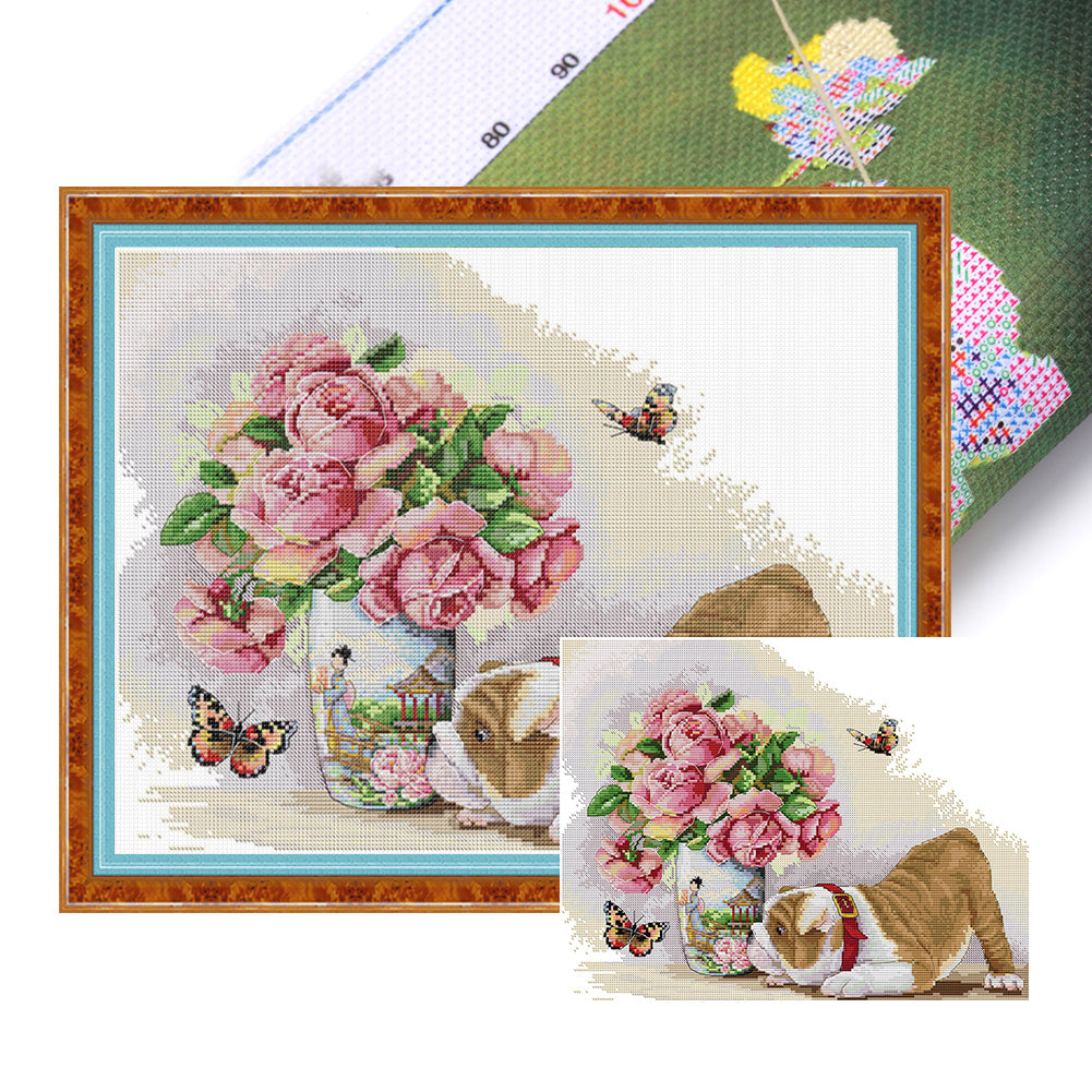 Pug And Butterfly - 14CT Stamped Cross Stitch 45*35CM(Joy Sunday)