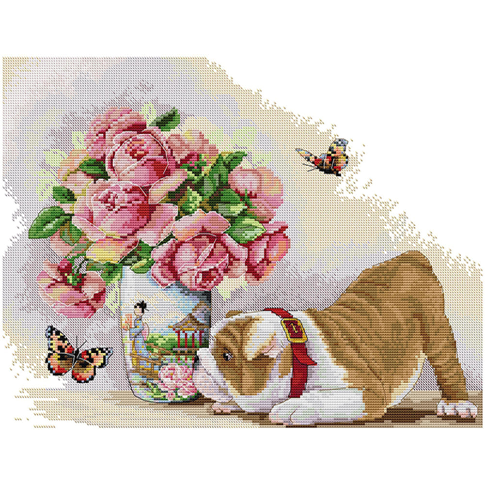 Pug And Butterfly - 14CT Stamped Cross Stitch 45*35CM(Joy Sunday)
