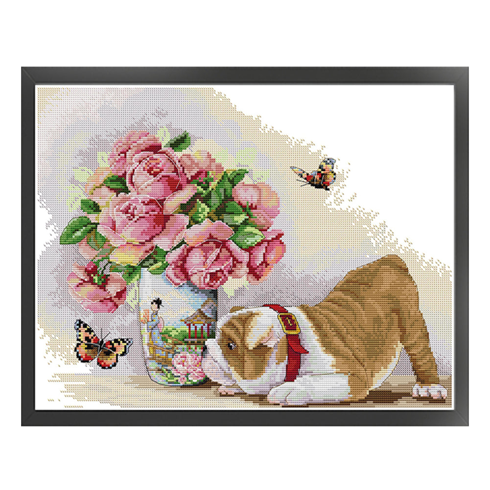 Pug And Butterfly - 14CT Stamped Cross Stitch 45*35CM(Joy Sunday)