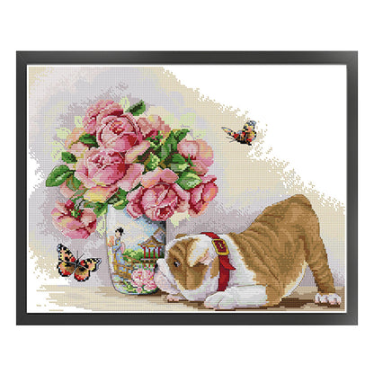 Pug And Butterfly - 14CT Stamped Cross Stitch 45*35CM(Joy Sunday)