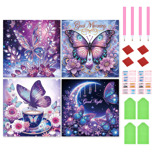 4 Pcs Purple Butterfly - Special Shaped Drill Diamond Painting 30*30CM