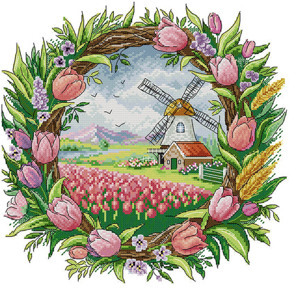 Spring Scene In Wreath - 14CT Stamped Cross Stitch 35*35CM(Joy Sunday)