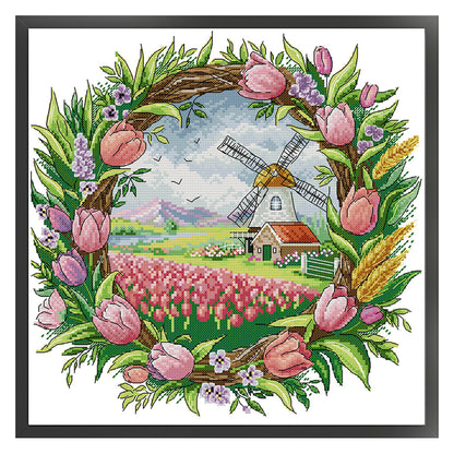 Spring Scene In Wreath - 14CT Stamped Cross Stitch 35*35CM(Joy Sunday)
