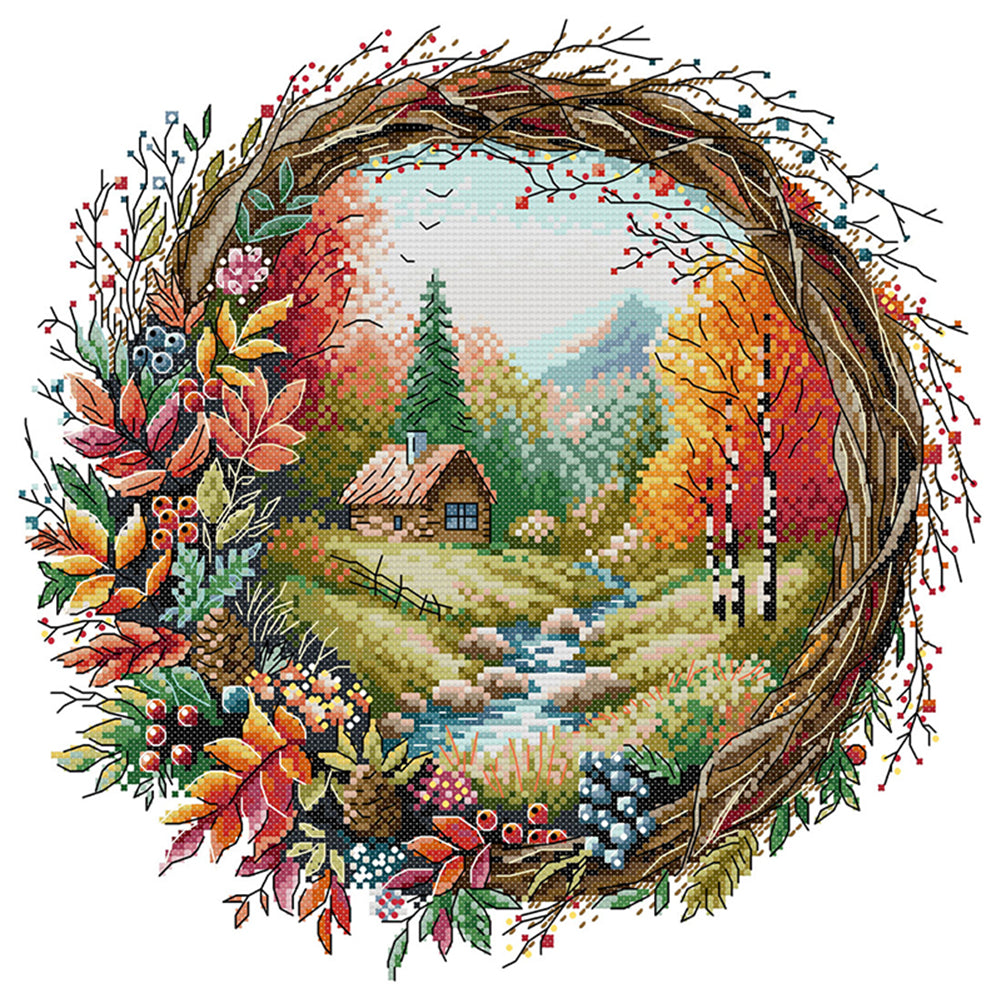 Autumn Scene In Wreath - 14CT Stamped Cross Stitch 36*35CM(Joy Sunday)