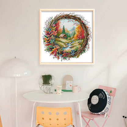 Autumn Scene In Wreath - 14CT Stamped Cross Stitch 36*35CM(Joy Sunday)