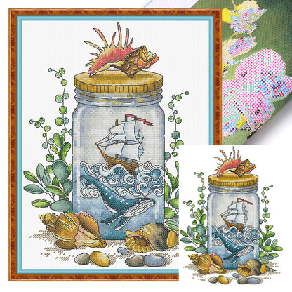 Sail In The Bottle Boat - 14CT Stamped Cross Stitch 23*31CM(Joy Sunday)
