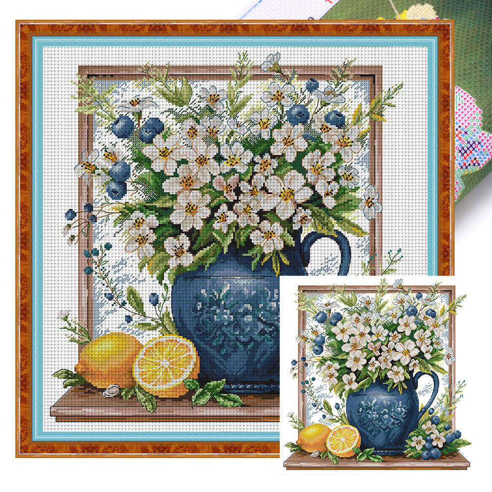 Little White Flower In A Bottle - 14CT Stamped Cross Stitch 45*45CM(Joy Sunday)