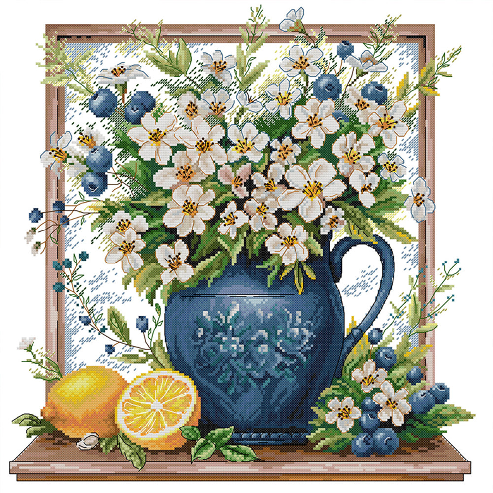 Little White Flower In A Bottle - 14CT Stamped Cross Stitch 45*45CM(Joy Sunday)