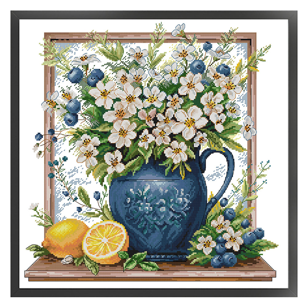 Little White Flower In A Bottle - 14CT Stamped Cross Stitch 45*45CM(Joy Sunday)