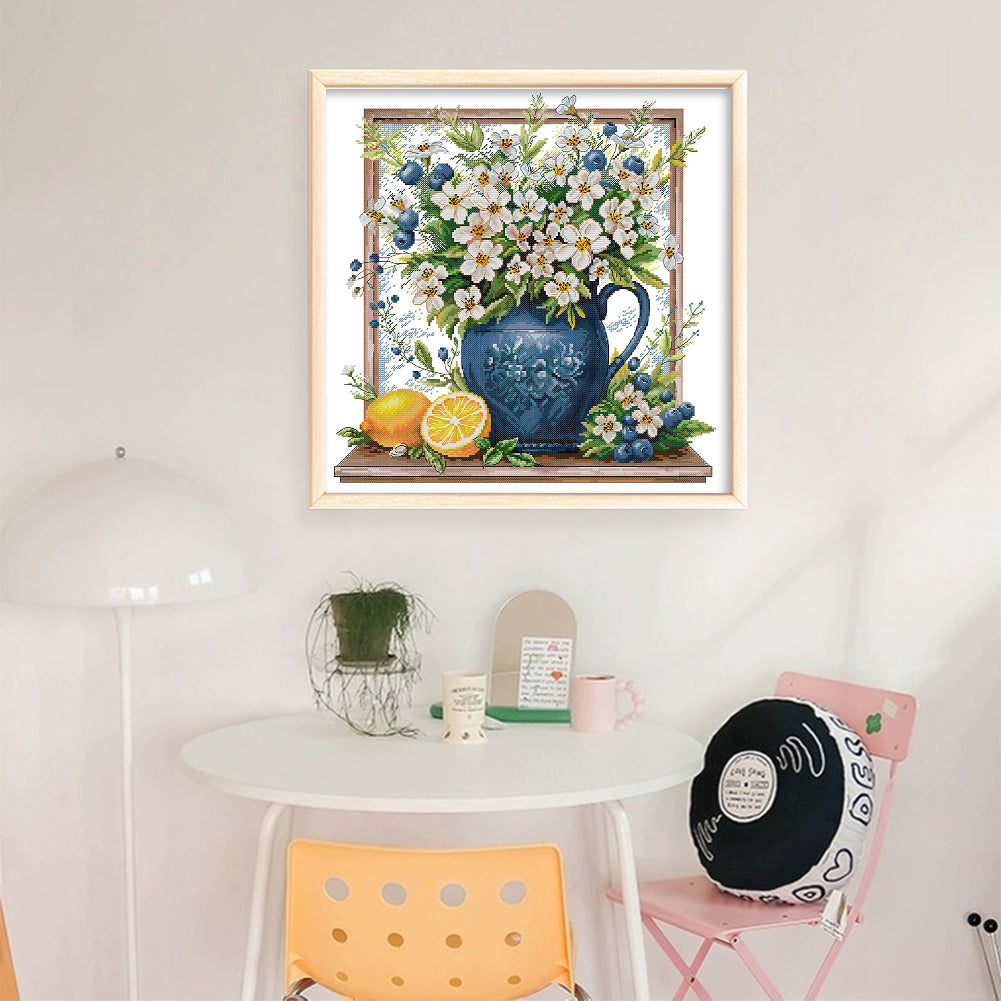 Little White Flower In A Bottle - 14CT Stamped Cross Stitch 45*45CM(Joy Sunday)