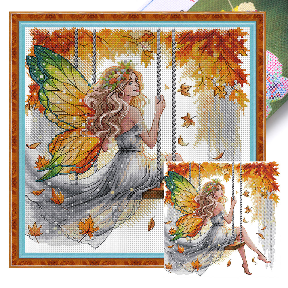 Butterfly Fairy Swinging On A Swing - 14CT Stamped Cross Stitch 34*34CM(Joy Sunday)