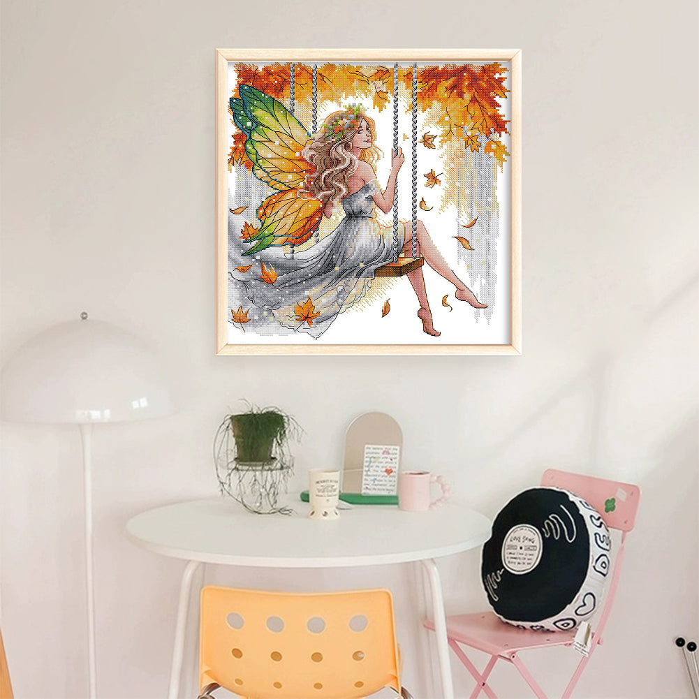 Butterfly Fairy Swinging On A Swing - 14CT Stamped Cross Stitch 34*34CM(Joy Sunday)