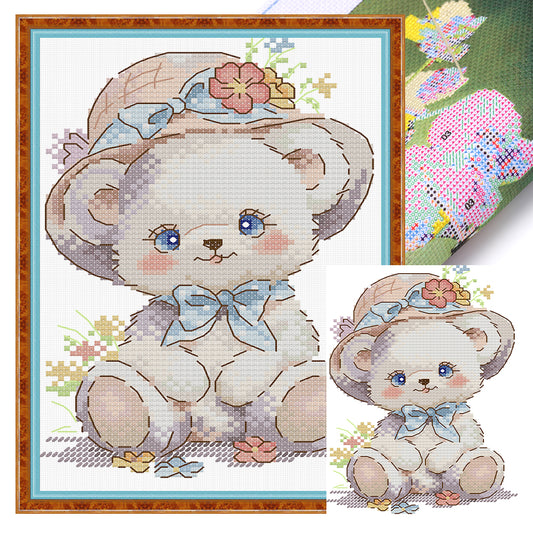 Bear Wearing A Flower Hat - 14CT Stamped Cross Stitch 15*21CM(Joy Sunday)