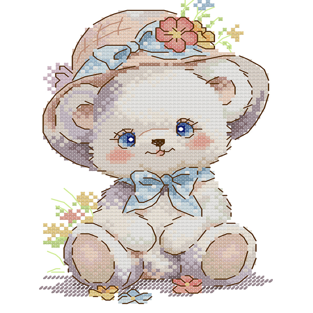 Bear Wearing A Flower Hat - 14CT Stamped Cross Stitch 15*21CM(Joy Sunday)
