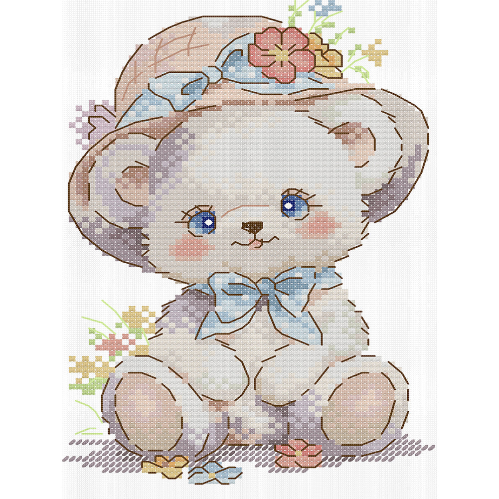 Bear Wearing A Flower Hat - 14CT Stamped Cross Stitch 15*21CM(Joy Sunday)