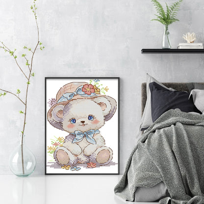 Bear Wearing A Flower Hat - 14CT Stamped Cross Stitch 15*21CM(Joy Sunday)
