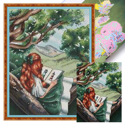 Girl With Back View - Girl Reading On Book - 14CT Stamped Cross Stitch 29*37CM(Xiaobai Brand)