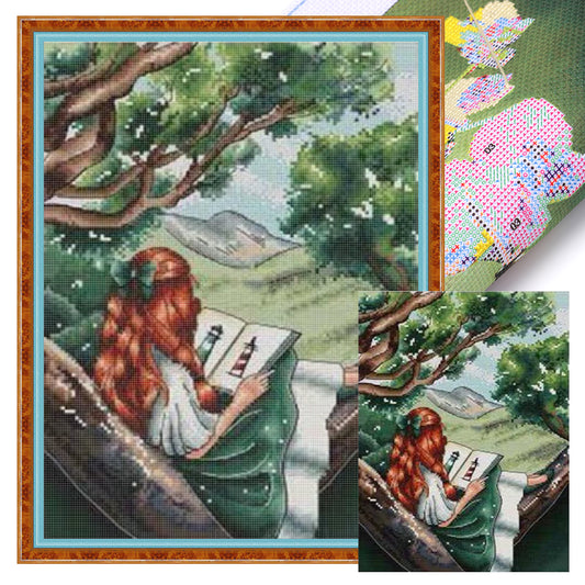 Girl With Back View - Girl Reading On Book - 14CT Stamped Cross Stitch 29*37CM(Xiaobai Brand)