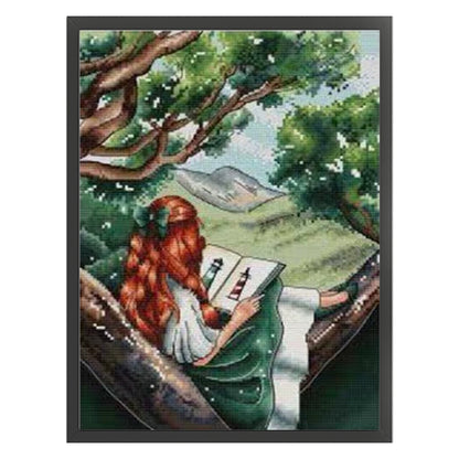 Girl With Back View - Girl Reading On Book - 14CT Stamped Cross Stitch 29*37CM(Xiaobai Brand)