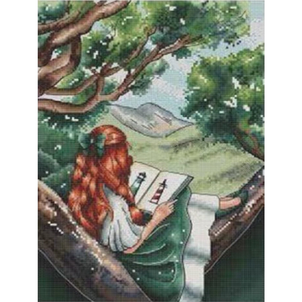 Girl With Back View - Girl Reading On Book - 14CT Stamped Cross Stitch 29*37CM(Xiaobai Brand)