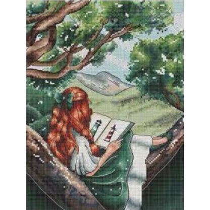 Girl With Back View - Girl Reading On Book - 14CT Stamped Cross Stitch 29*37CM(Xiaobai Brand)