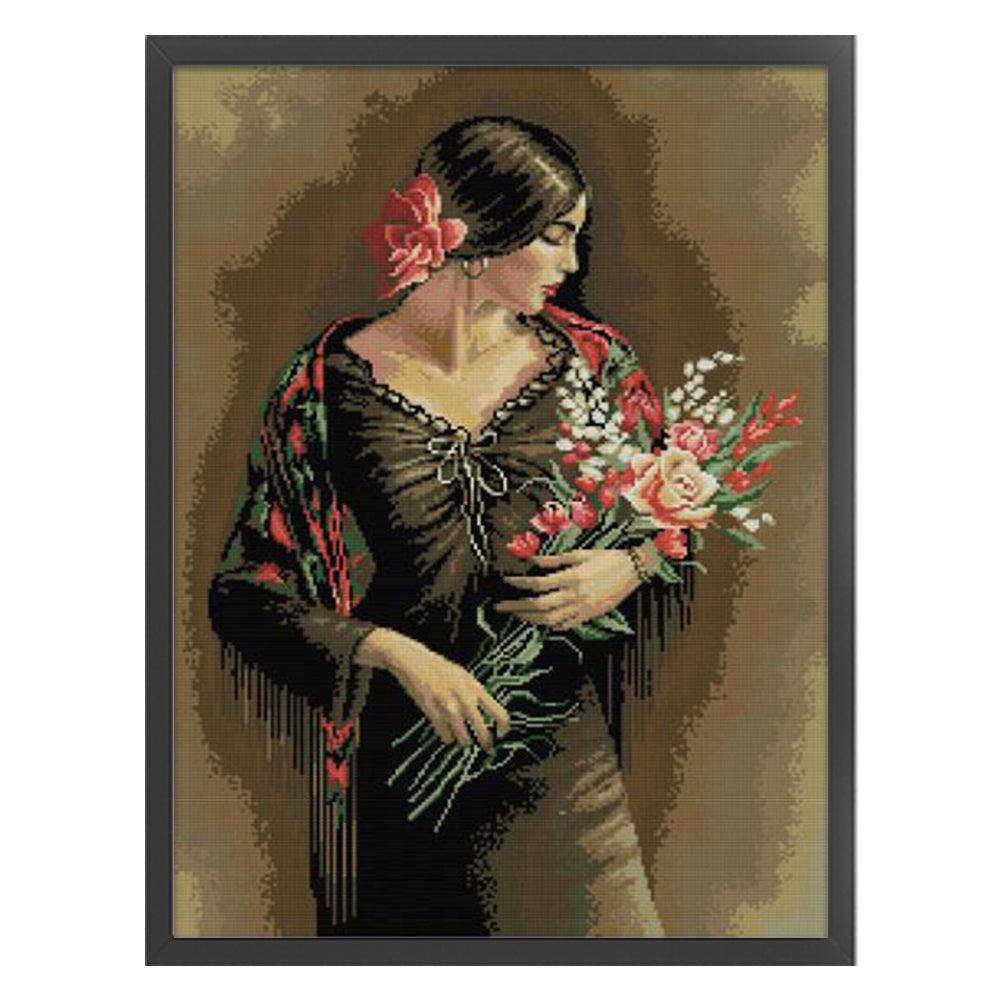 Beautiful Girl Smelling Flowers 2 - 14CT Stamped Cross Stitch 44*61CM(Joy Sunday)