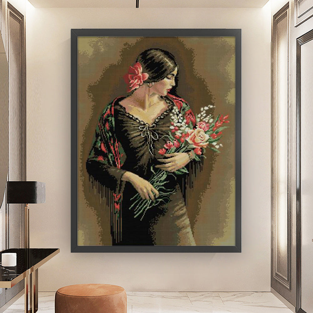 Beautiful Girl Smelling Flowers 2 - 14CT Stamped Cross Stitch 44*61CM(Joy Sunday)